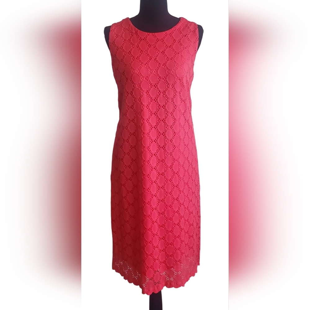 Ronni Nicole Circle Lace Dress  Coral Pink Red Midi Sleeveless Sheath Size 10